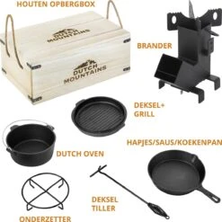 Dutch Mountains Gietijzeren Pannenset 7-delig - Dutch Oven – Braadpan - Grillpan - Hapjespan - Kookset In Houten Transportkist - Deksellifter - Brander -The Bastard Winkel 1200x1200 662