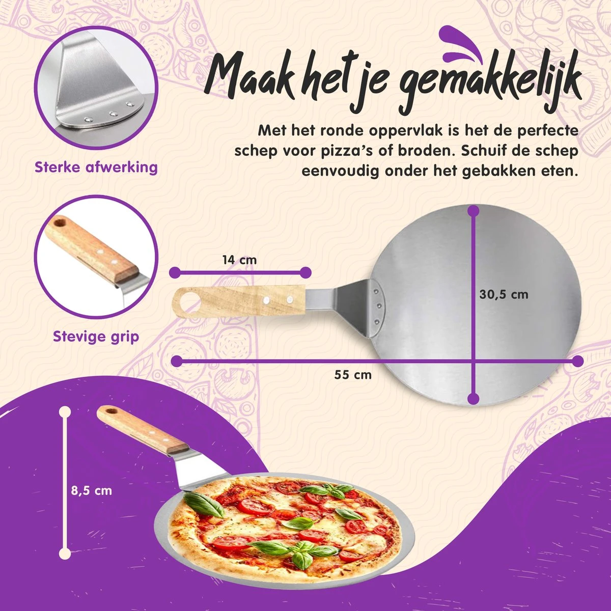 Nowad Pizzaschep RVS Rond Voor BBQ En Oven - 30,5 Cm - Pizzaspatel - Taartschep - Houten Handvat - Ophangbaar - Rond - Vaatwasbestendig - Keukenaccessoires 11 Nowad Pizzaschep RVS Rond Voor BBQ En Oven - 30,5 Cm - Pizzaspatel - Taartschep - Houten Handvat - Ophangbaar - Rond - Vaatwasbestendig - Keukenaccessoires - Afbeelding 9