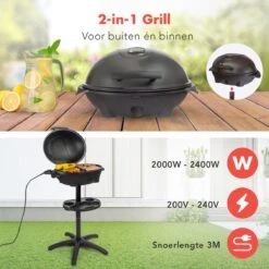 KitchenBrothers Elektrische BBQ - Met Grillplaat - Anti-aanbaklaag - Incl. Plank/Houders - Grilloppervlak 46,5x33,8cm - Tot 300°C - 2400W - Zwart -The Bastard Winkel 1200x1200 96